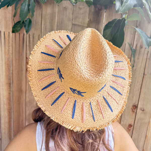 Straw Braided Embroidery Striped Brim Floppy Sun Hat- One Size